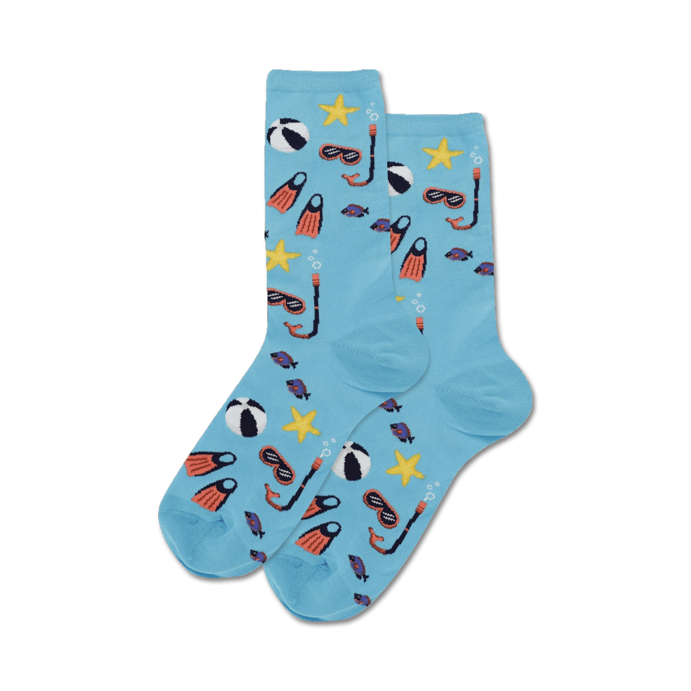 Pair of light blue crew socks with a fun summer design.  Features beach balls, starfish, snorkeling masks, and fins.