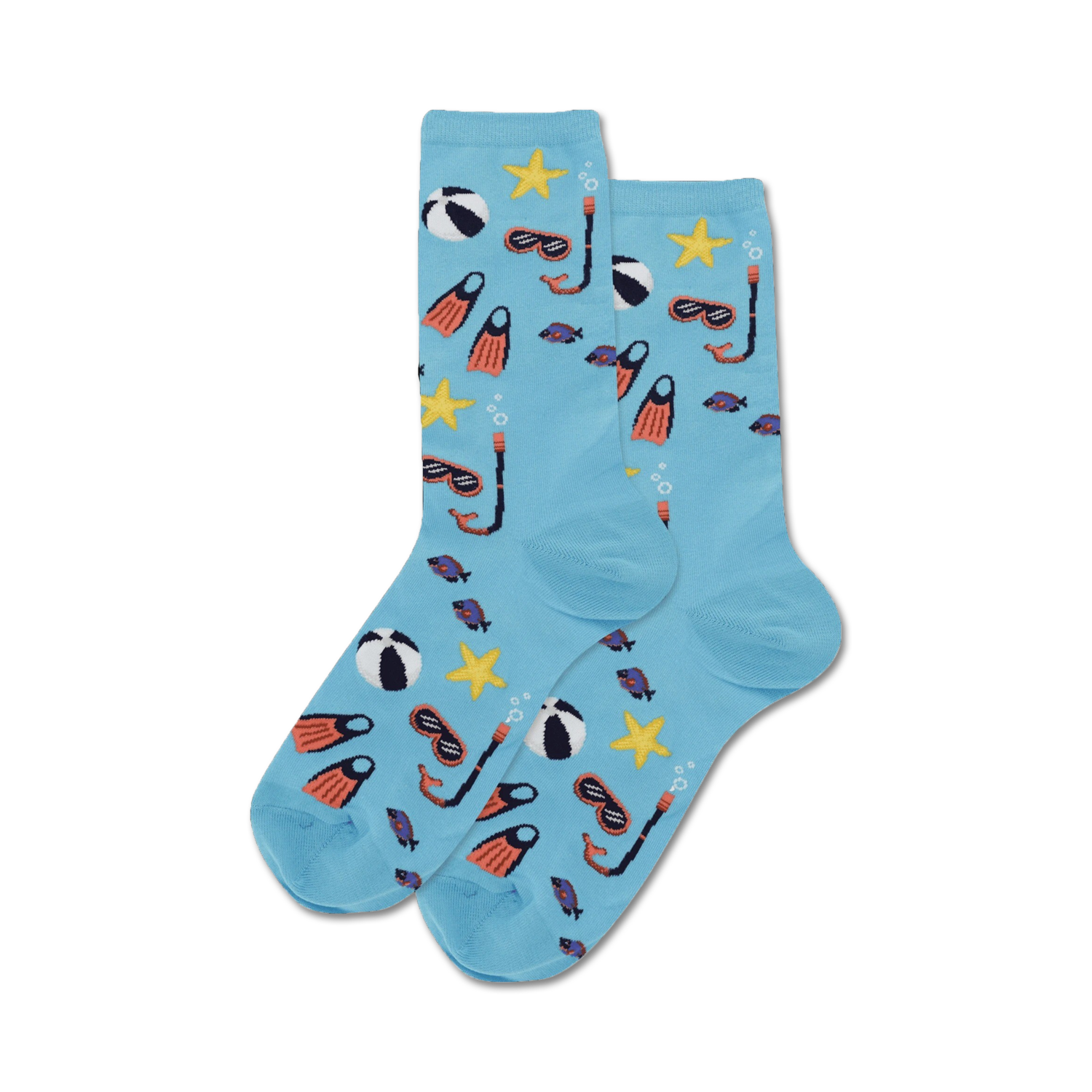 Pair of light blue crew socks with a fun summer design.  Features beach balls, starfish, snorkeling masks, and fins.