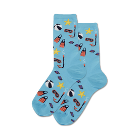 womens crew socks with red, yellow, orange, and pink fish, yellow and pink starfish, blue and yellow beach balls, and black and blue snorkels, perfect for summer.   