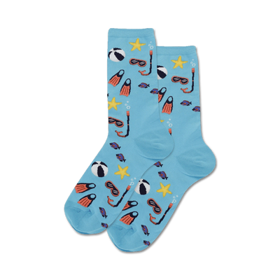 Pair of light blue crew socks with a fun summer design.  Features beach balls, starfish, snorkeling masks, and fins.