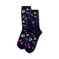 Pair of navy blue crew socks with the same summer design as the light blue pair. Features beach balls, starfish, snorkeling masks, and fins.