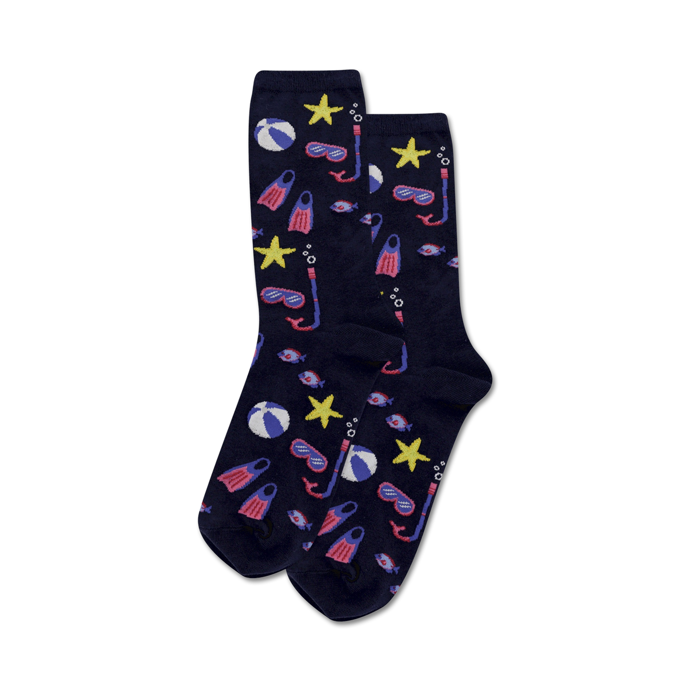 Pair of navy blue crew socks with the same summer design as the light blue pair. Features beach balls, starfish, snorkeling masks, and fins.