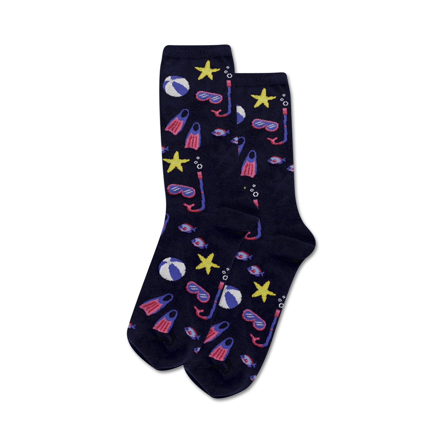 Pair of navy blue crew socks with the same summer design as the light blue pair. Features beach balls, starfish, snorkeling masks, and fins.