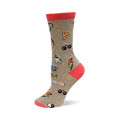 Single grey crew sock with red cuff, heel, and toe, adorned with colorful pop sticker graphics including pizza, sunglasses, and a lightning bolt.