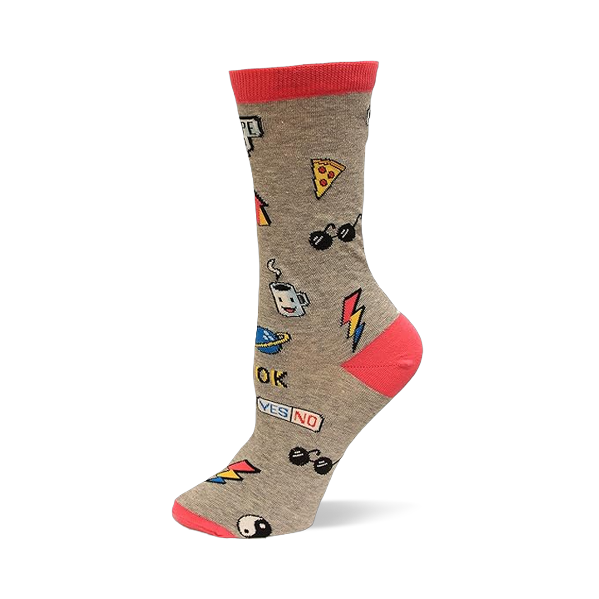 Single grey crew sock with red cuff, heel, and toe, adorned with colorful pop sticker graphics including pizza, sunglasses, and a lightning bolt.
