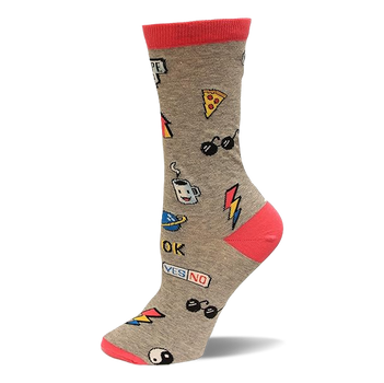 Single grey crew sock with red cuff, heel, and toe, adorned with colorful pop sticker graphics including pizza, sunglasses, and a lightning bolt.