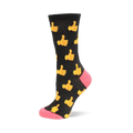 Black crew sock with repeating yellow thumbs up pattern. Bright pink visible on the heel and toe.