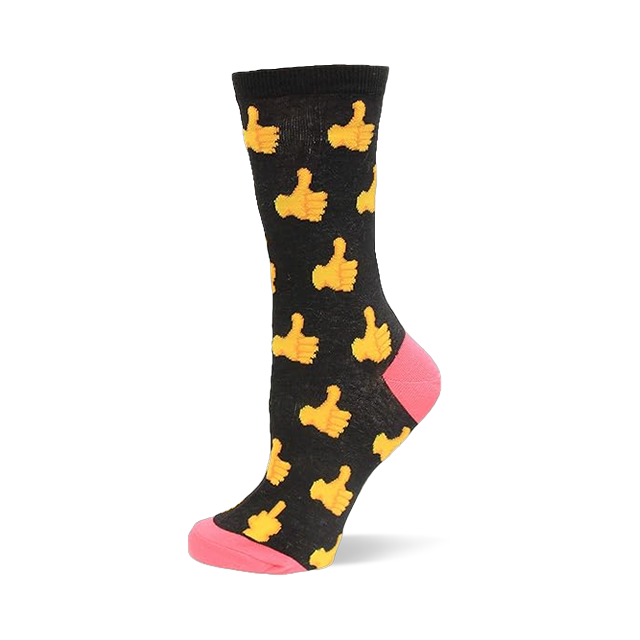 Black crew sock with repeating yellow thumbs up pattern. Bright pink visible on the heel and toe.