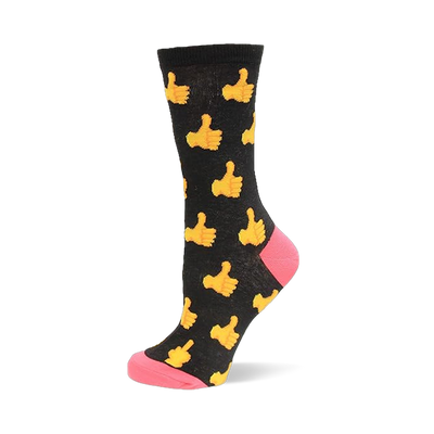 Black crew sock with repeating yellow thumbs up pattern. Bright pink visible on the heel and toe.