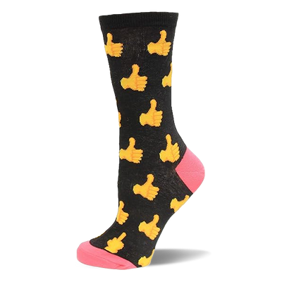 Black crew sock with repeating yellow thumbs up pattern. Bright pink visible on the heel and toe.