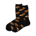 A pair of black crew socks with a repeating pattern of cute sloths and small red hearts. The sloths are brown and appear to be napping.