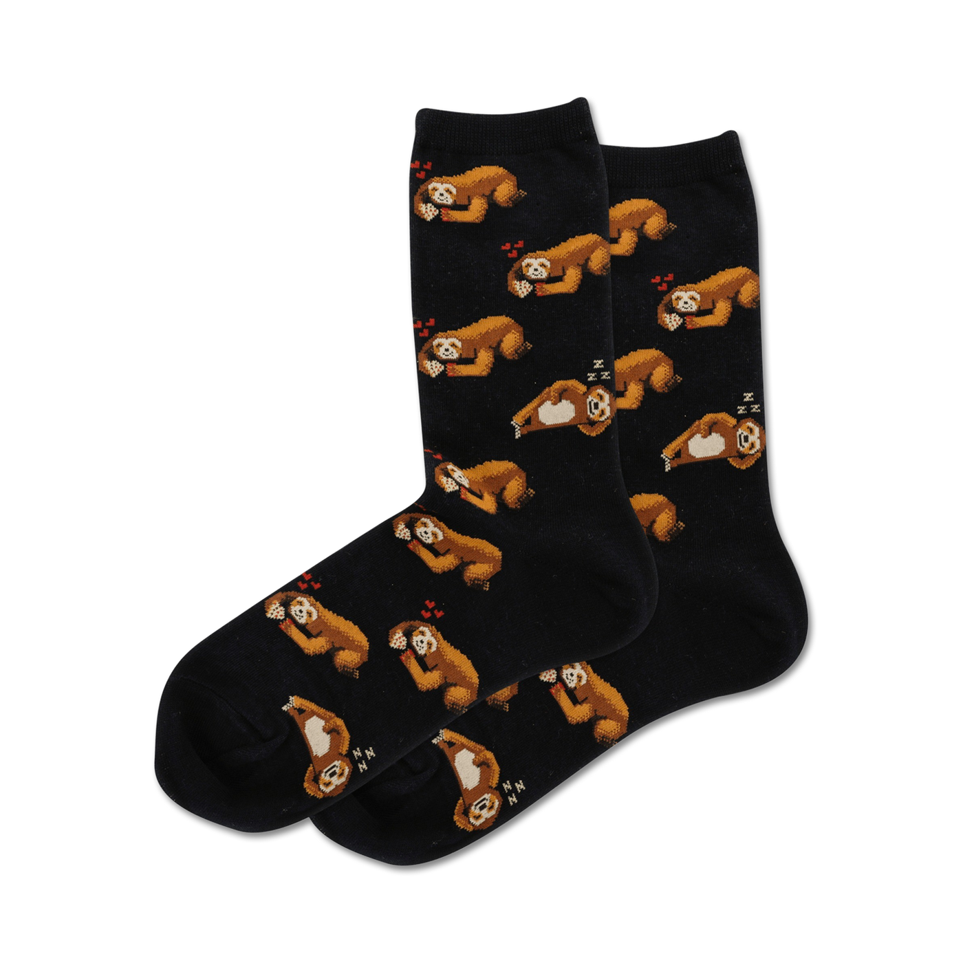 A pair of black crew socks with a repeating pattern of cute sloths and small red hearts. The sloths are brown and appear to be napping.