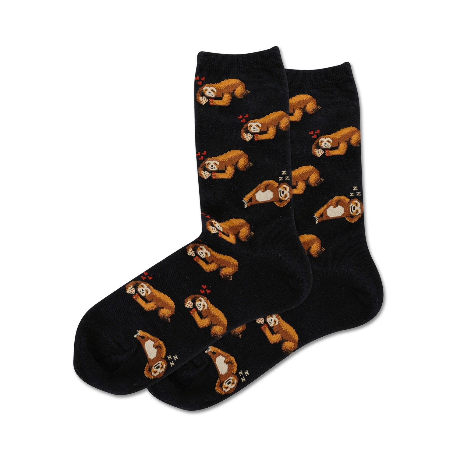 A pair of black crew socks with a repeating pattern of cute sloths and small red hearts. The sloths are brown and appear to be napping.