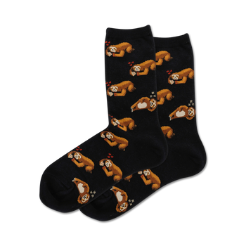black crew socks with all-over sloth pattern. sloths in various poses. red heart shapes.   