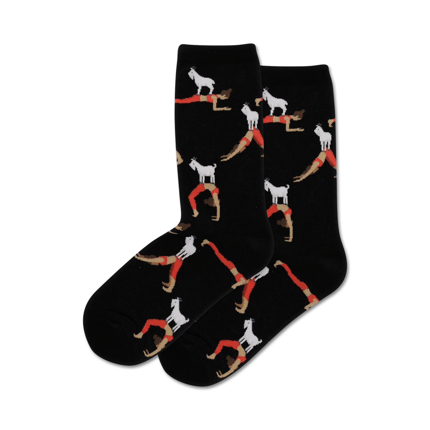 Pair of black crew socks with a repeating pattern of goats doing yoga poses with women. 