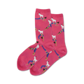 Flatlay showcasing a pair of hot pink crew socks with the same goat yoga design as the black socks.