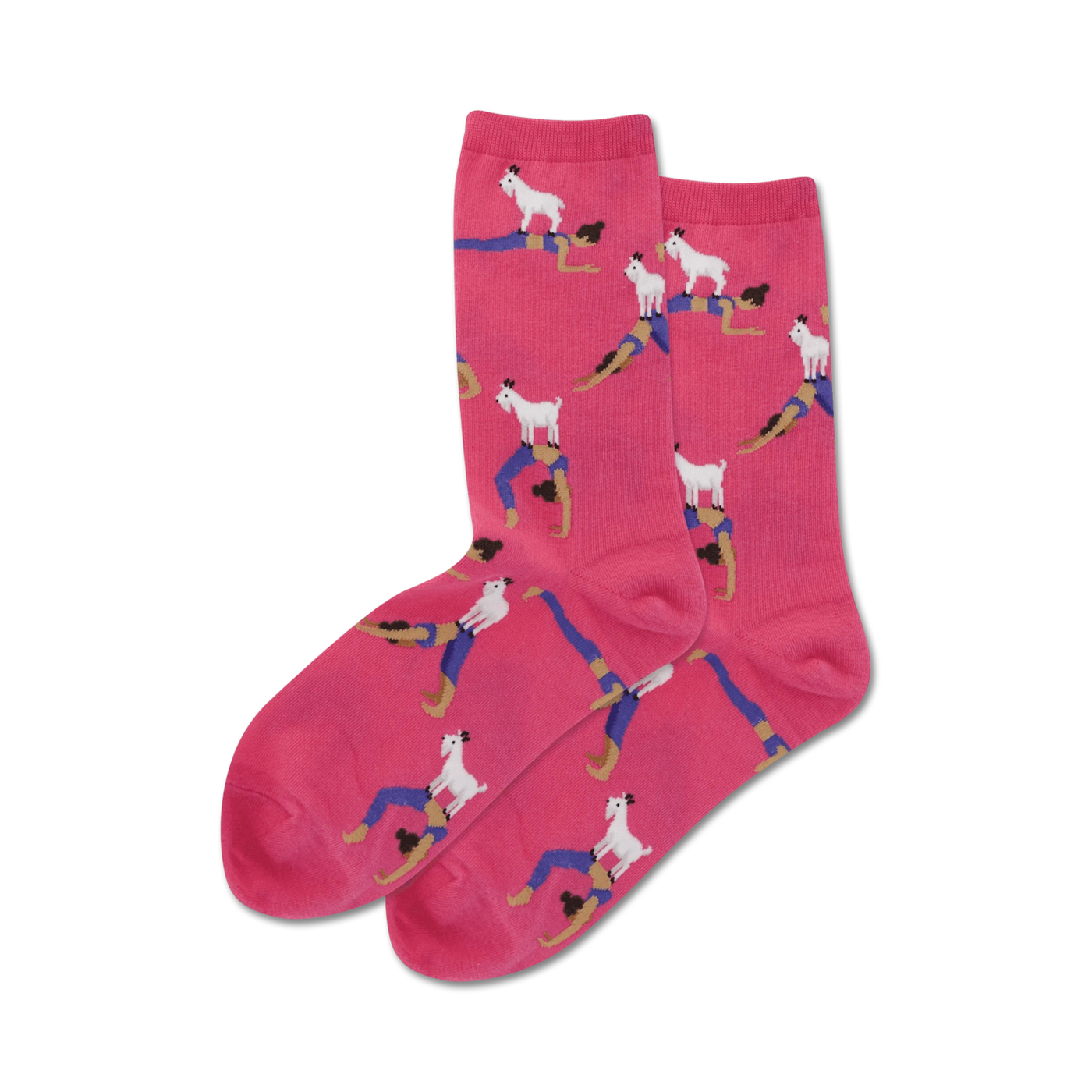 Flatlay showcasing a pair of hot pink crew socks with the same goat yoga design as the black socks.