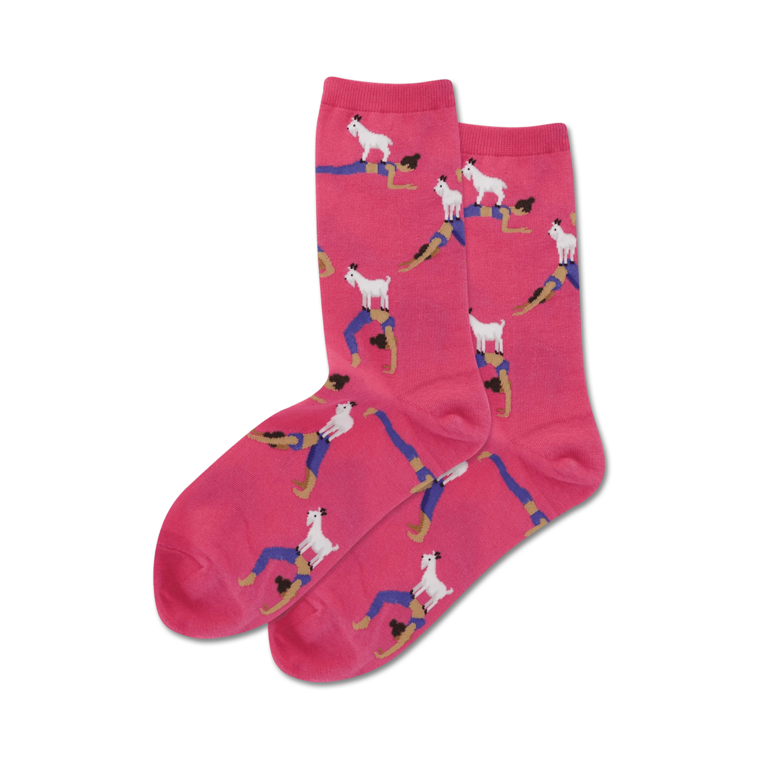 Flatlay showcasing a pair of hot pink crew socks with the same goat yoga design as the black socks.