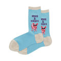 Pair of light blue crew socks with a pattern of pink pigs wearing sunglasses and the text 'Hogs & Kisses'.