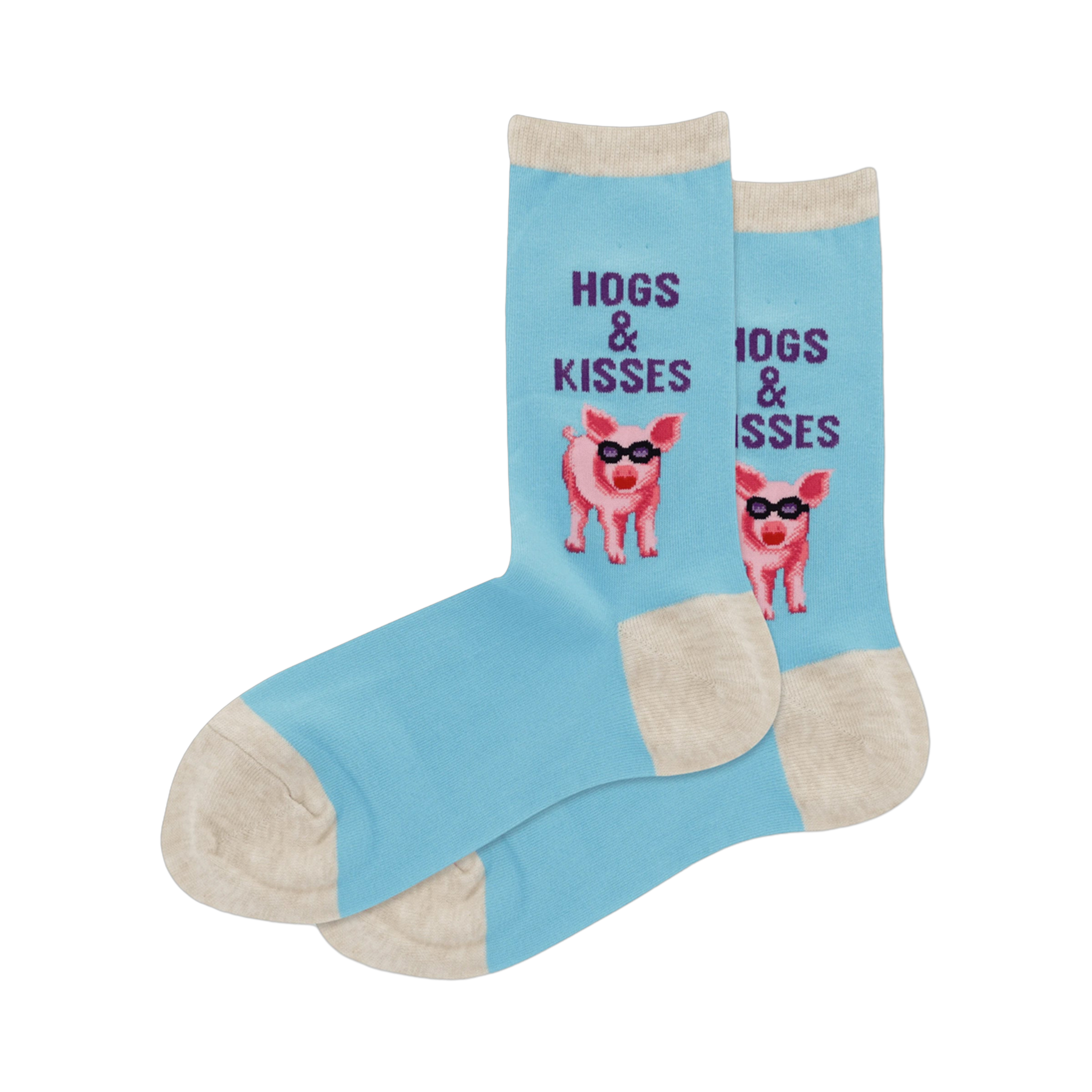 Pair of light blue crew socks with a pattern of pink pigs wearing sunglasses and the text 'Hogs & Kisses'.