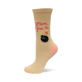 Light beige crew sock with "Mom, you da" in reddish-orange, a black bomb design with orange burst, and pink toe/heel.