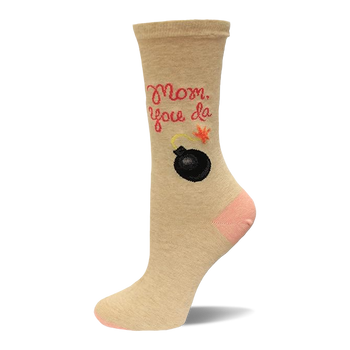 Light beige crew sock with "Mom, you da" in reddish-orange, a black bomb design with orange burst, and pink toe/heel.