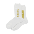 Pair of white crew socks with vertically printed gold 'BRIDE' text. The gold lettering has a sparkly texture.