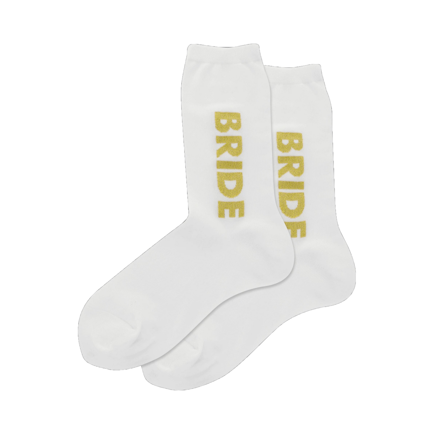 Pair of white crew socks with vertically printed gold 'BRIDE' text. The gold lettering has a sparkly texture.