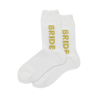 Pair of white crew socks with vertically printed gold 'BRIDE' text. The gold lettering has a sparkly texture.