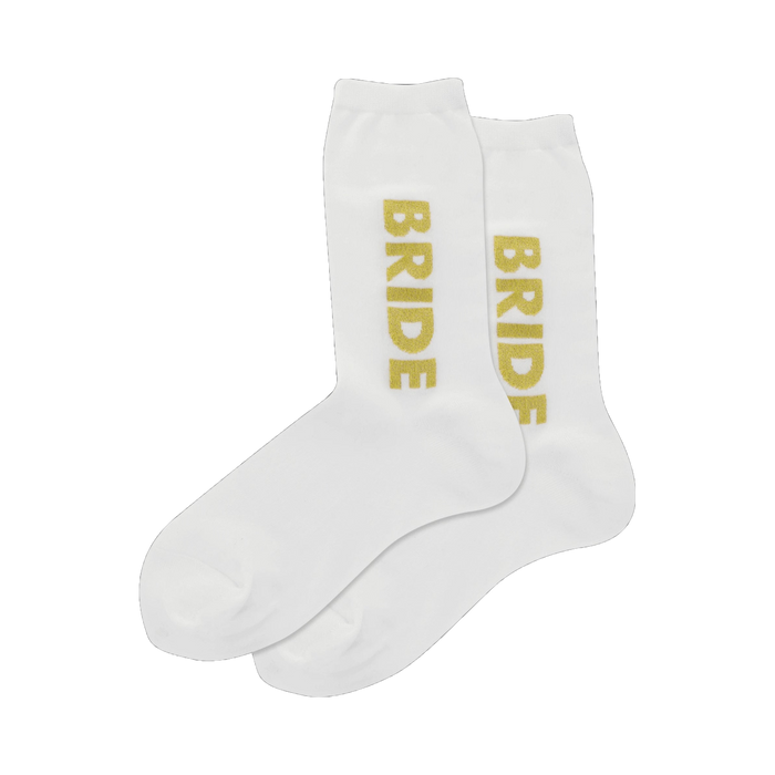 Pair of white crew socks with vertically printed gold 'BRIDE' text. The gold lettering has a sparkly texture. }}