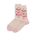 Pair of cream-colored crew socks with a pink 'Maid of Honor' text and small pink rose accents.