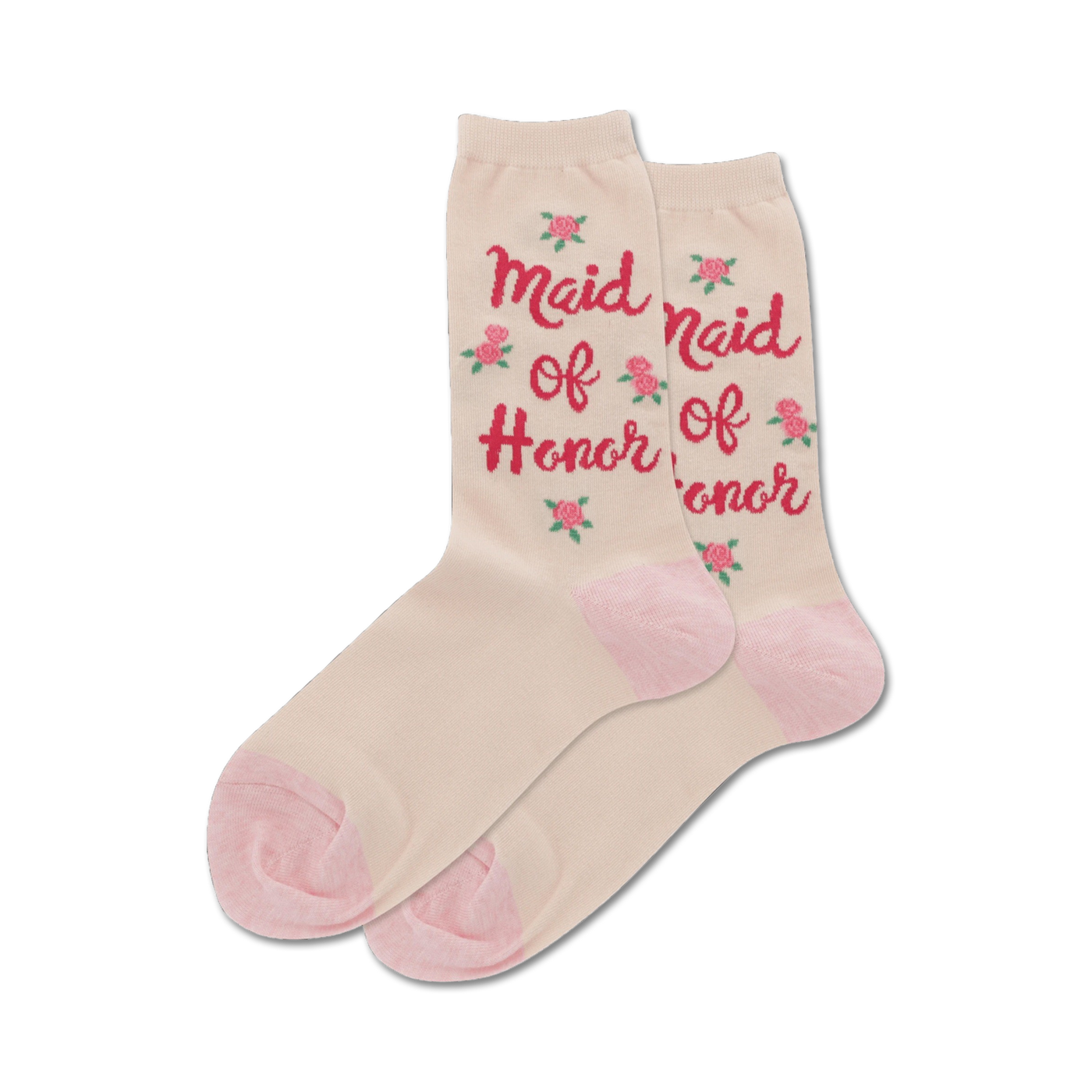 Pair of cream-colored crew socks with a pink 'Maid of Honor' text and small pink rose accents.
