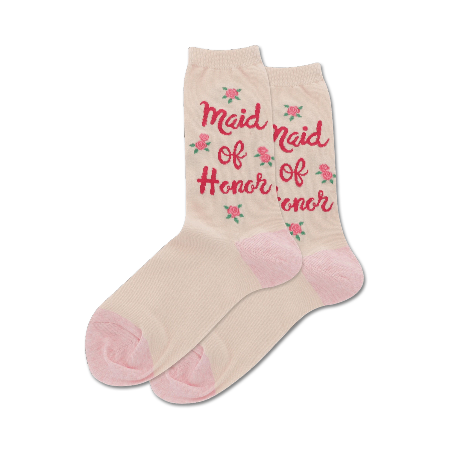 Pair of cream-colored crew socks with a pink 'Maid of Honor' text and small pink rose accents.