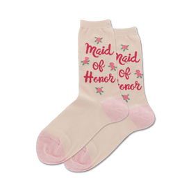 natural colored crew socks with red text that says maid of honor surrounded by flowers