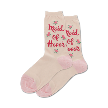 natural colored crew socks with red text that says maid of honor surrounded by flowers