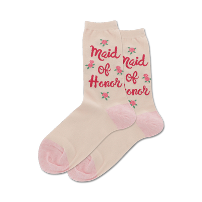 natural colored crew socks with red text that says maid of honor surrounded by flowers