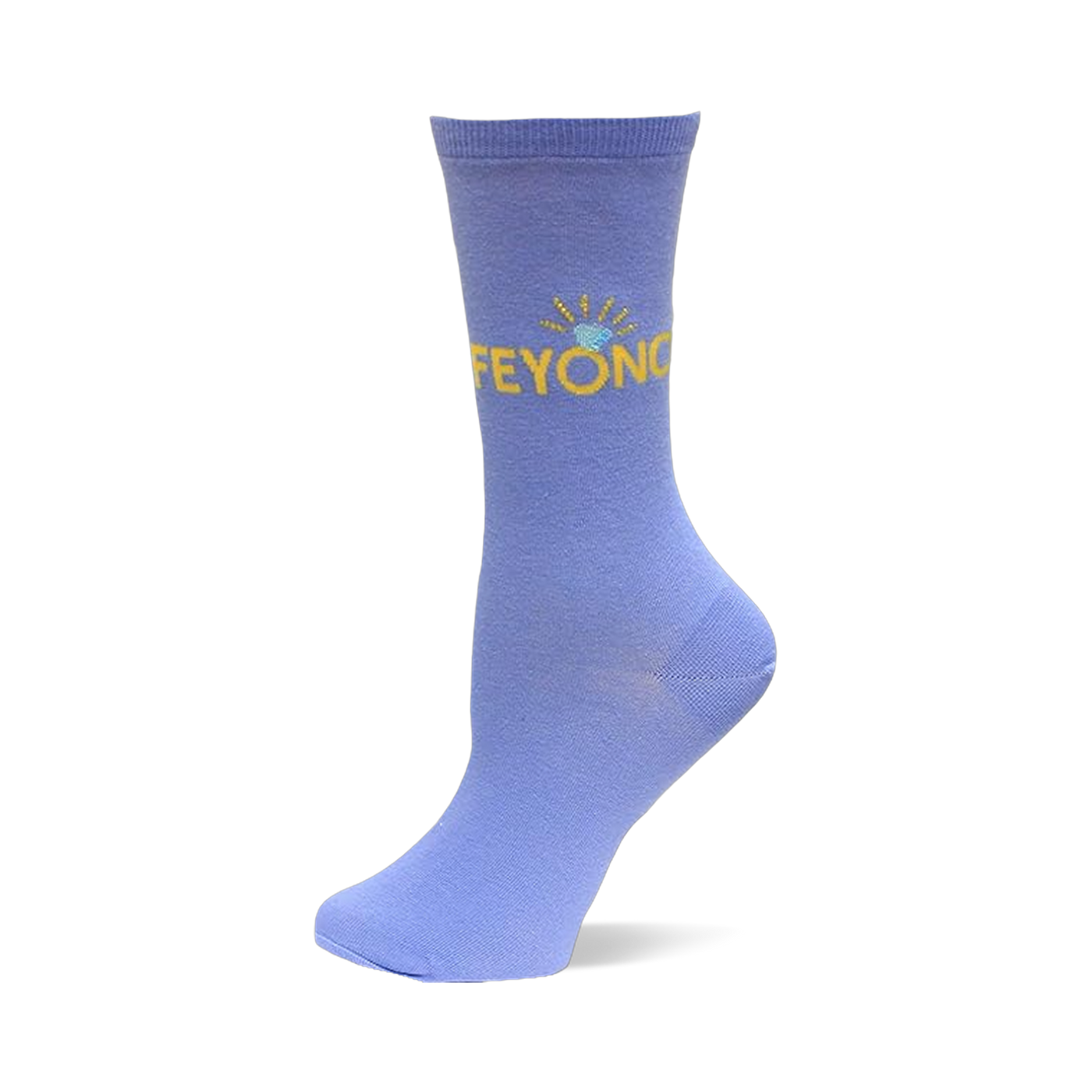Single light purple crew sock with 'FEYONC' in yellow letters and a small blue and yellow engagement ring design.