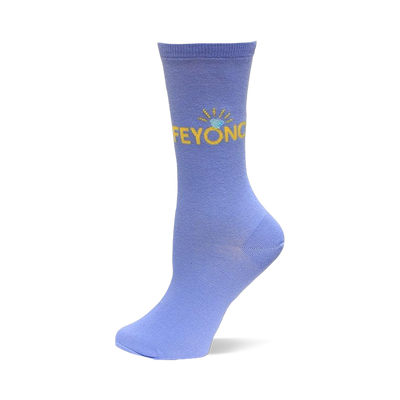 Single light purple crew sock with 'FEYONC' in yellow letters and a small blue and yellow engagement ring design.
