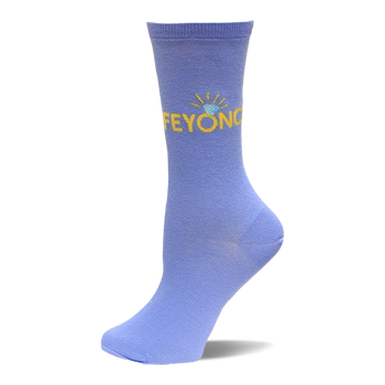 Single light purple crew sock with 'FEYONC' in yellow letters and a small blue and yellow engagement ring design.