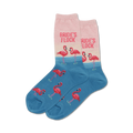 Pair of crew socks in blue and pink.  Pink flamingos and 'Bride's Flock' text are featured.