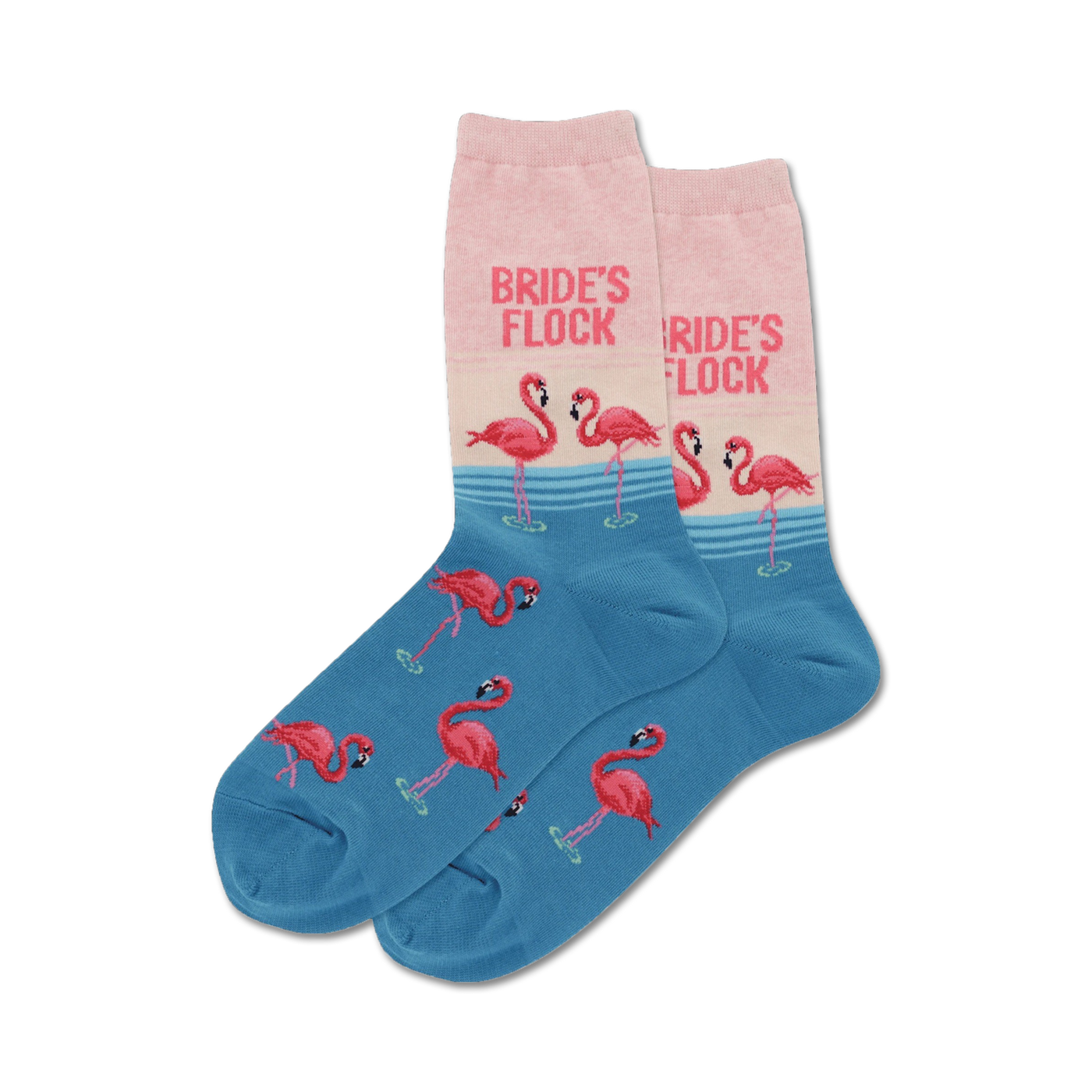 Pair of crew socks in blue and pink.  Pink flamingos and 'Bride's Flock' text are featured.