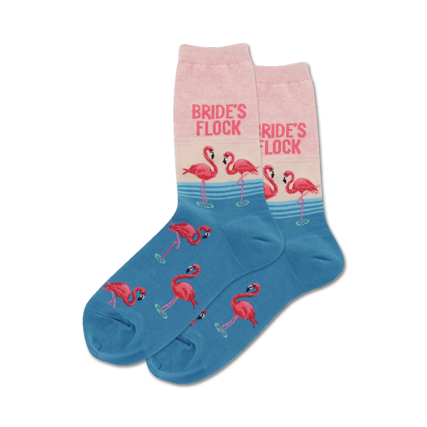 Pair of crew socks in blue and pink.  Pink flamingos and 'Bride's Flock' text are featured.