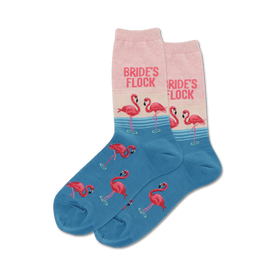 blue crew socks featuring pink flamingos and "brides flock" and "ride's flock" for the fun-loving bride-to-be.   