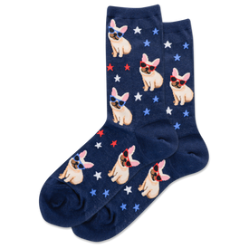 french bulldog socks for women, dark blue with sunglasses-wearing cartoon frenchies on stars in red, white, and blue.  