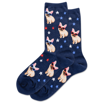 french bulldog socks for women, dark blue with sunglasses-wearing cartoon frenchies on stars in red, white, and blue.  
