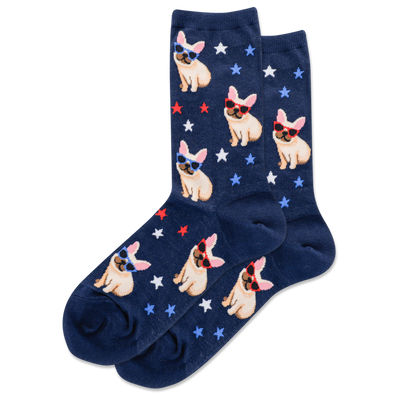 french bulldog socks for women, dark blue with sunglasses-wearing cartoon frenchies on stars in red, white, and blue.  