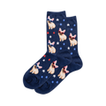 Pair of navy blue crew socks featuring a pattern of tan French Bulldogs wearing sunglasses, red and white stars.