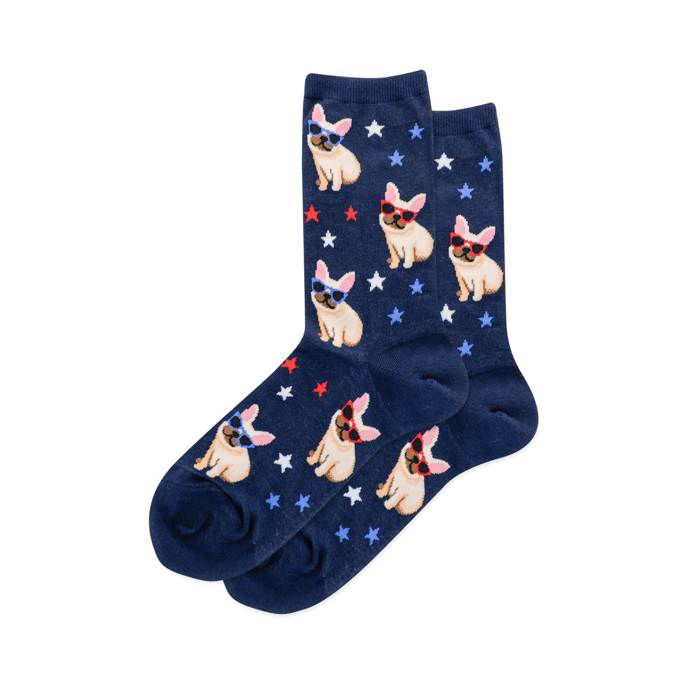 Pair of navy blue crew socks featuring a pattern of tan French Bulldogs wearing sunglasses, red and white stars.