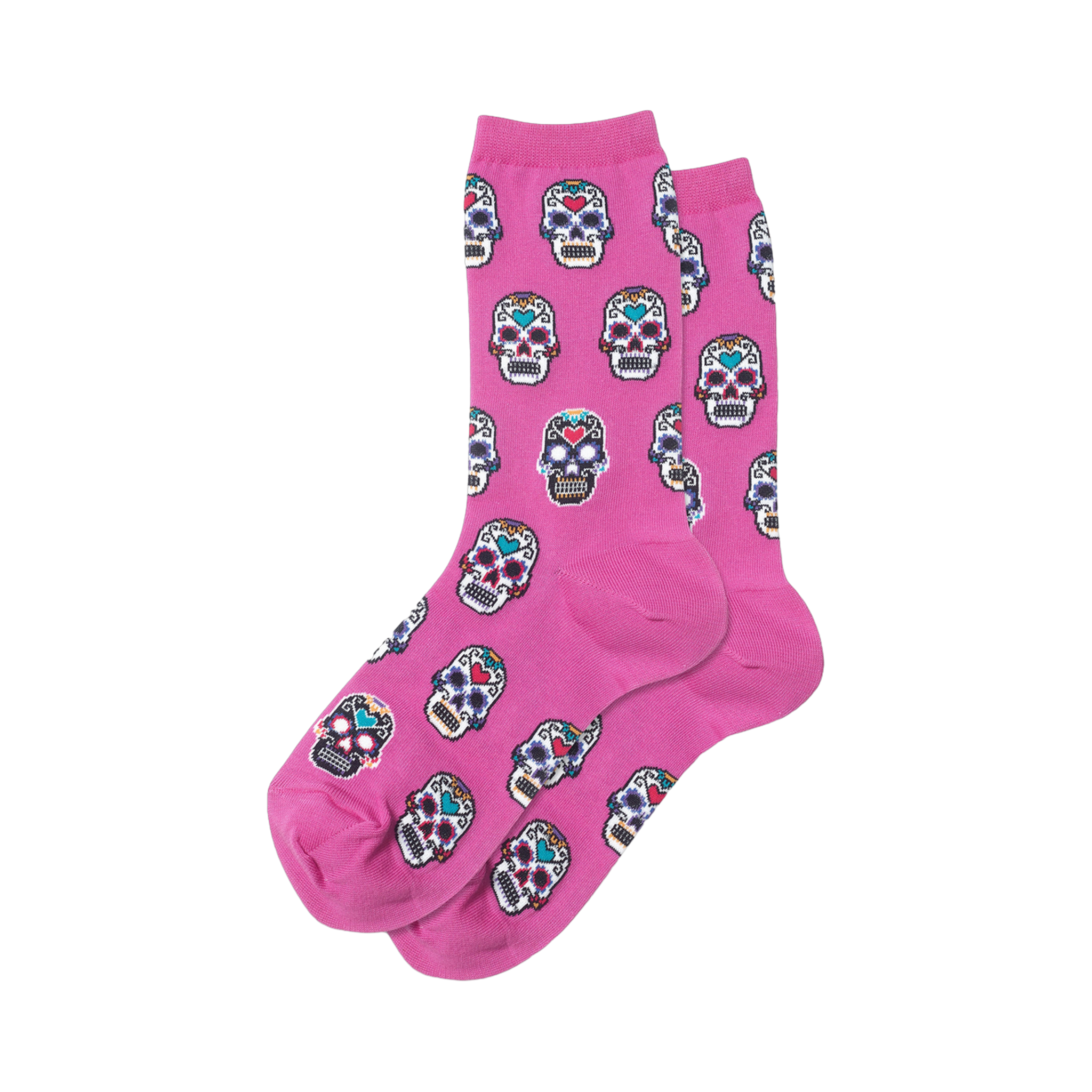 Close-up of pink Sugar Skull socks showing the detailed skull design.