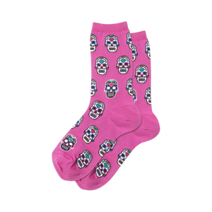Close-up of pink Sugar Skull socks showing the detailed skull design.